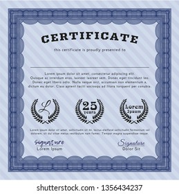 Blue Certificate of achievement. Customizable, Easy to edit and change colors. With guilloche pattern. Money design. 