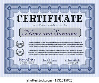 Blue Certificate of achievement. Customizable, Easy to edit and change colors. Complex background. Money design. 