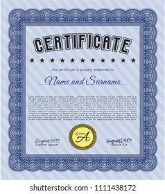 Blue Certificate of achievement. Detailed. With complex background. Superior design. 