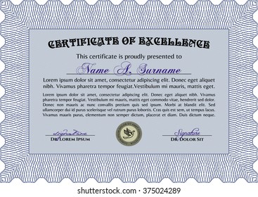 Blue Certificate of achievement. Diploma of completion. With guilloche pattern and background. Sophisticated design. 