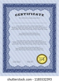 Blue Certificate of achievement. Excellent design. Customizable, Easy to edit and change colors. With guilloche pattern. 