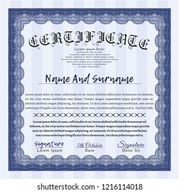 Blue Certificate of achievement. Good design. Detailed. With guilloche pattern and background. 