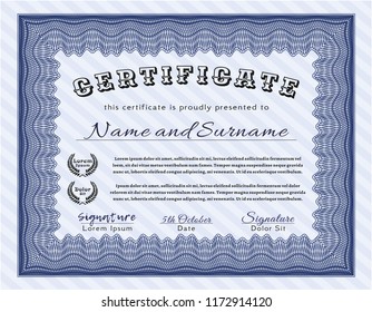 Blue Certificate of achievement. With great quality guilloche pattern. Customizable, Easy to edit and change colors. Good design. 