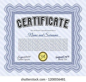 Blue Certificate of achievement. With great quality guilloche pattern. Vector illustration. Money design. 