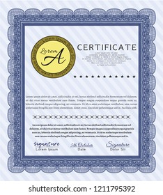 Blue Certificate of achievement. With great quality guilloche pattern. Cordial design. Customizable, Easy to edit and change colors. 