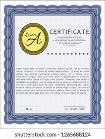 Blue Certificate of achievement. With great quality guilloche pattern. Beauty design. Vector illustration. 