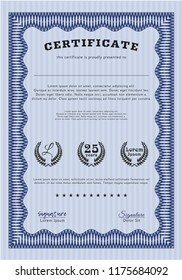 Blue Certificate of achievement. With guilloche pattern. Detailed. Artistry design. 