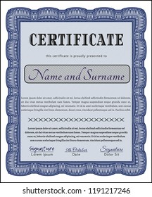 Blue Certificate of achievement. With guilloche pattern and background. Cordial design. Detailed. 