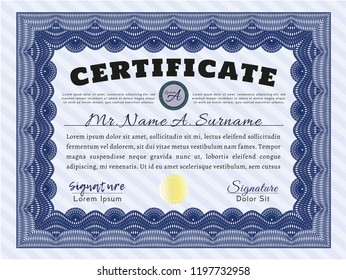Blue Certificate of achievement. With guilloche pattern and background. Lovely design. Vector illustration. 