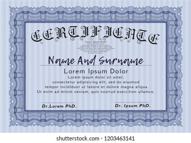 Blue Certificate of achievement. With guilloche pattern and background. Superior design. Customizable, Easy to edit and change colors. 