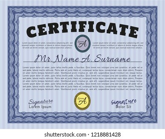 Blue Certificate of achievement. With guilloche pattern and background. Detailed. Elegant design. 