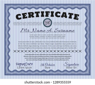 Blue Certificate of achievement. With guilloche pattern. Excellent design. Detailed. 