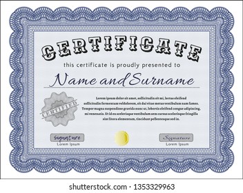 Blue Certificate of achievement. With guilloche pattern. Customizable, Easy to edit and change colors. Perfect design. 