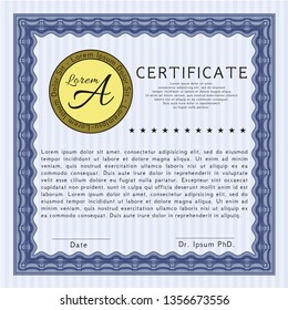 Blue Certificate of achievement. With guilloche pattern. Modern design. Detailed. 