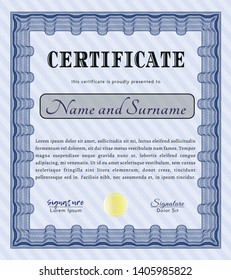 Blue Certificate of achievement. With guilloche pattern. Detailed. Retro design. 