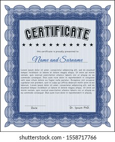 Blue Certificate of achievement. With guilloche pattern and background. Customizable, Easy to edit and change colors. Good design. 
