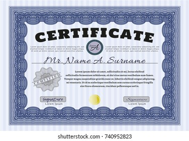 Blue Certificate of achievement. With guilloche pattern and background. Detailed. Good design. 