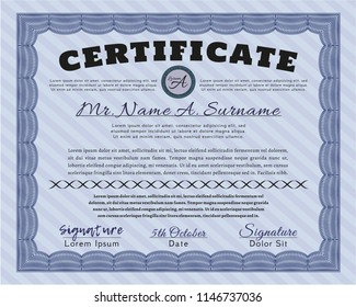 Blue Certificate of achievement. With linear background. Sophisticated design. Detailed. 
