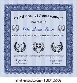 Blue Certificate of achievement. With linear background. Money Pattern. Vector illustration. 