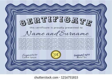 Blue Certificate of achievement. With linear background. Money style design. Vector illustration. 