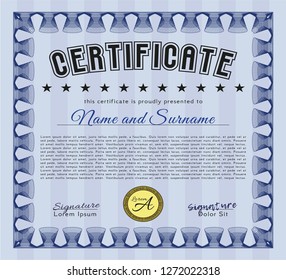 Blue Certificate of achievement. With linear background. Beauty design. Vector illustration. 