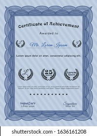 Blue Certificate of achievement. With linear background. Vector illustration. Elegant design. 