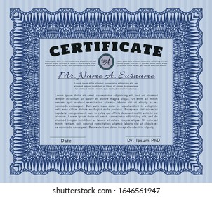Blue Certificate of achievement. With linear background. Vector illustration. Artistry design. 