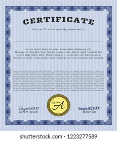 Blue Certificate of achievement. Modern design. With guilloche pattern and background. Detailed. 