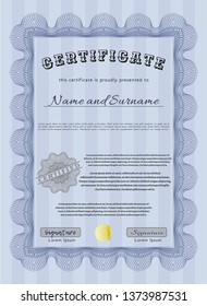Blue Certificate of achievement. Money Pattern design. Complex background. Detailed. 