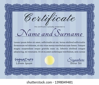Blue Certificate of achievement. Money Pattern design. Vector illustration. With great quality guilloche pattern. 