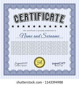 Blue Certificate of achievement. Nice design. Detailed. With guilloche pattern and background. 