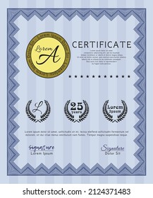 Certificado azul de logro.  Diseño perfecto.  Con fondo lineal.  Detallado. 