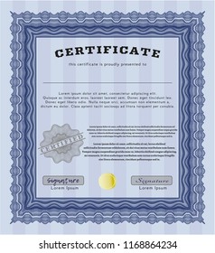Blue Certificate of achievement. Printer friendly. Vector illustration. Nice design. 