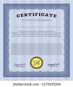Blue Certificate of achievement. With quality background. Detailed. Money Pattern design. 