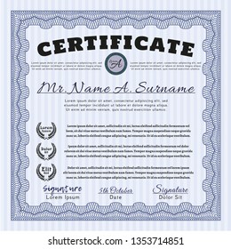 Blue Certificate of achievement. Retro design. With great quality guilloche pattern. Vector illustration. 