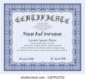 Blue Certificate of achievement. Superior design. With great quality guilloche pattern. Customizable, Easy to edit and change colors. 