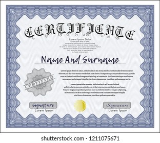 Blue Certificate of achievement template. Artistry design. Detailed. With great quality guilloche pattern. 