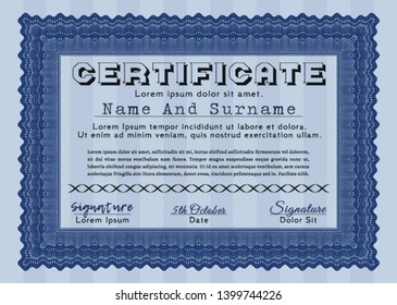 Blue Certificate of achievement template. Artistry design. Detailed. Easy to print. 
