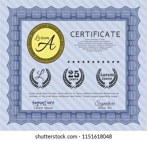 Blue Certificate of achievement template. With background. Detailed. Artistry design. 
