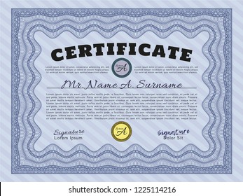 Blue Certificate of achievement template. With background. Vector illustration. Nice design. 