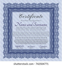 Blue Certificate of achievement template. With background. Detailed. Artistry design. 