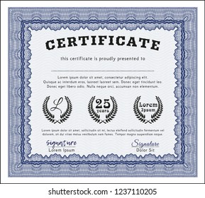 Blue Certificate of achievement template. Beauty design. Vector illustration. With guilloche pattern and background. 