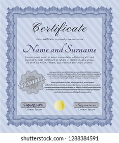 Blue Certificate of achievement template. Beauty design. Printer friendly. Detailed. 