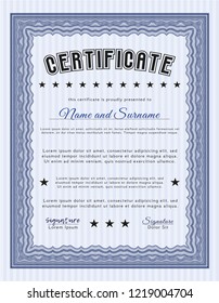 Blue Certificate of achievement template. With complex background. Money Pattern design. Detailed. 