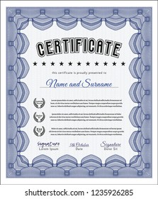 Blue Certificate of achievement template. With complex linear background. Cordial design. Vector illustration. 