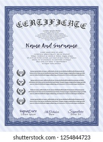 Blue Certificate of achievement template. Complex background. Customizable, Easy to edit and change colors. Money Pattern design. 