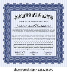 Blue Certificate of achievement template. With complex linear background. Vector illustration. Money Pattern. 