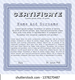 Blue Certificate of achievement template. With complex linear background. Detailed. Cordial design. 