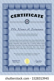 Blue Certificate of achievement template. With complex background. Money design. Vector illustration. 