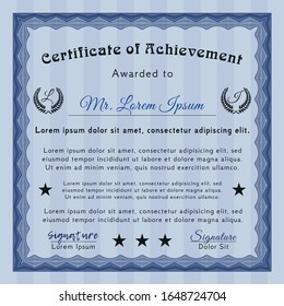 Blue Certificate of achievement template. With complex background. Money Pattern. Vector illustration. 